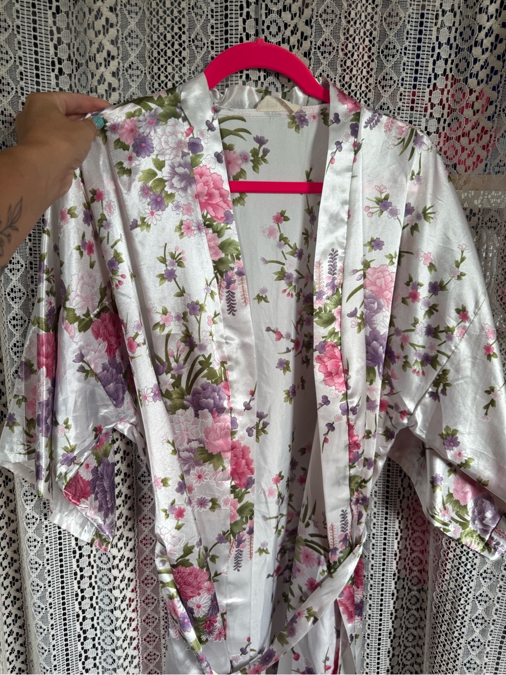 Floral Satin Kimono Robe - White with Pink & Purple Flowers